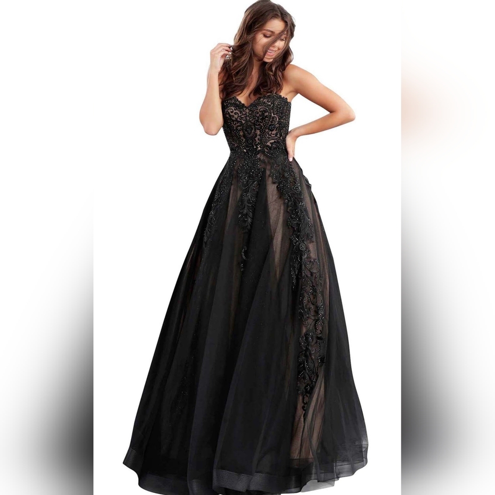 JVN by Jovani Black Strapless Lace Appliqué Ball Gown